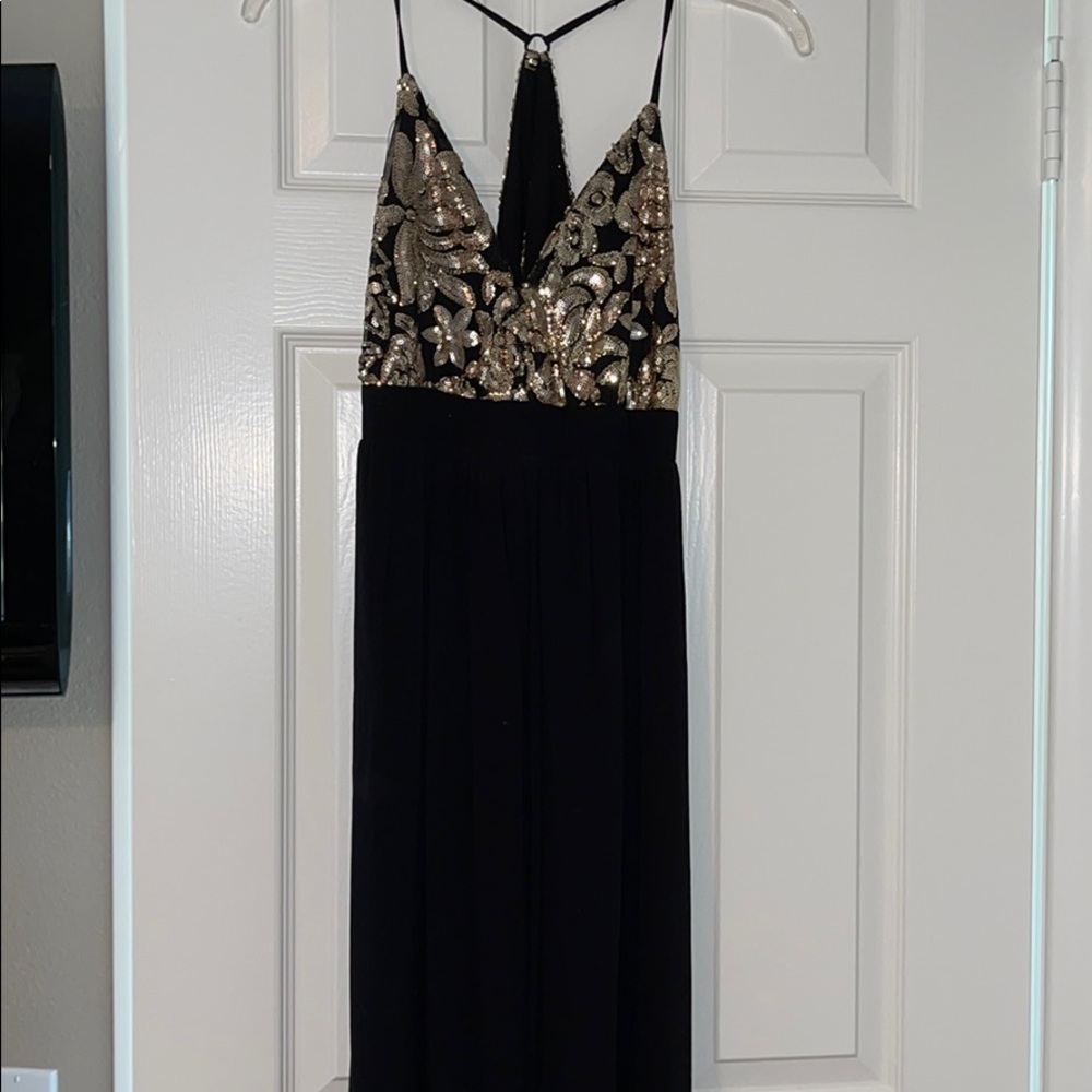 Lovers & Friends gold sequin and black maxi dress